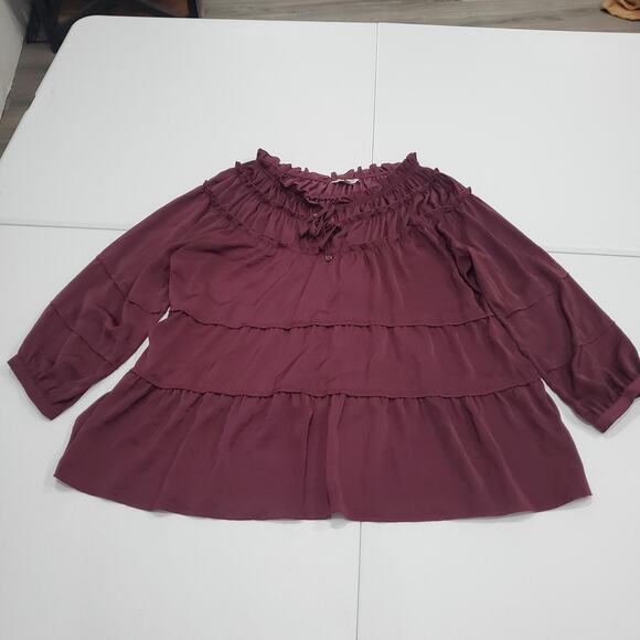 John Mark Blouse Womens XL Burgundy Ruffle Tiered Peasant Tie Neck Boho Tunic - Picture 1 of 8